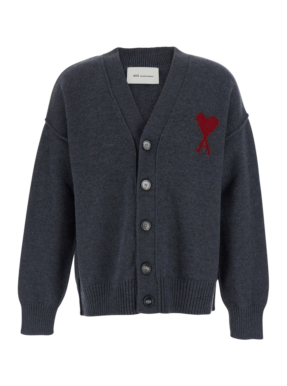 Ami Paris Men Grey V-Neck Cardigan With Adc Embroidery On The Front In Wool For Men AMI PARIS