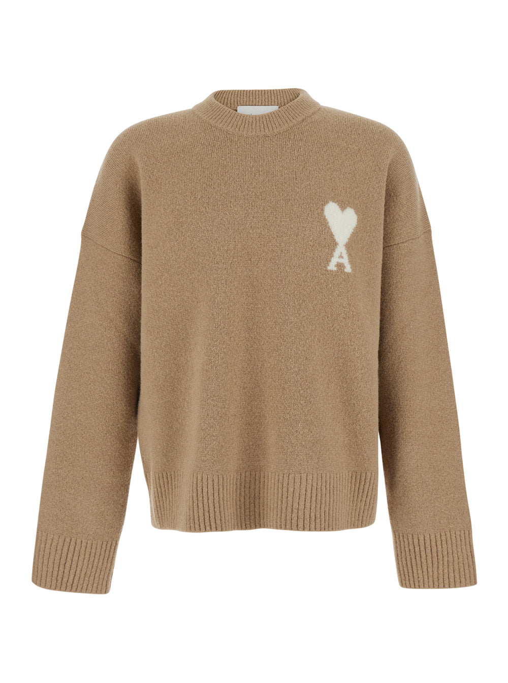 Ami Paris Men Beige Crewneck Sweater With Dropped Shoulders And Adc Embroidery On The Front In Wool Blend For Men AMI PARIS