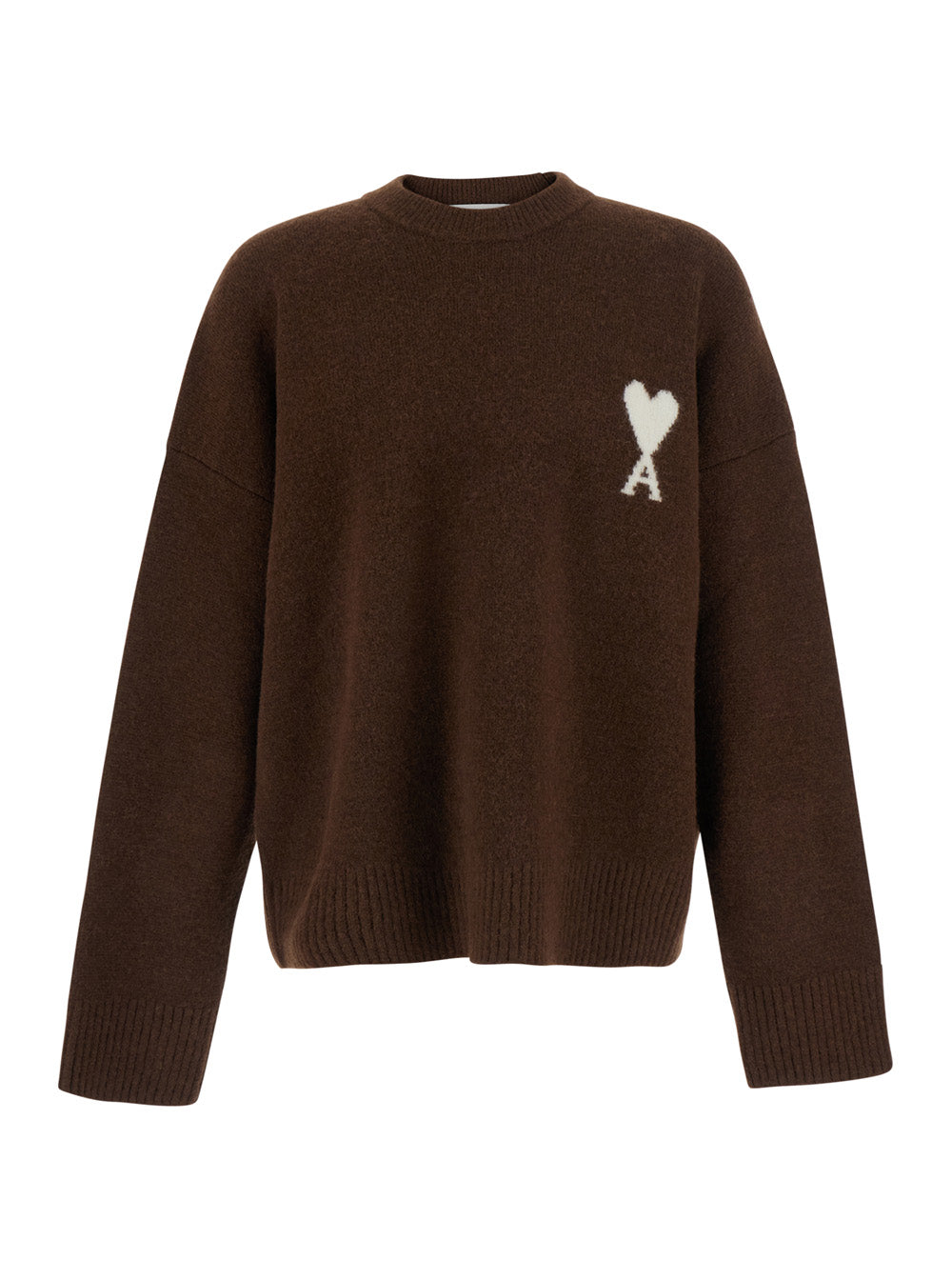 Ami Paris Men Brown Crew-Neck Sweater With Dropped Shoulders And Adc Embroidery On The Front In Wool Blend For Men AMI PARIS