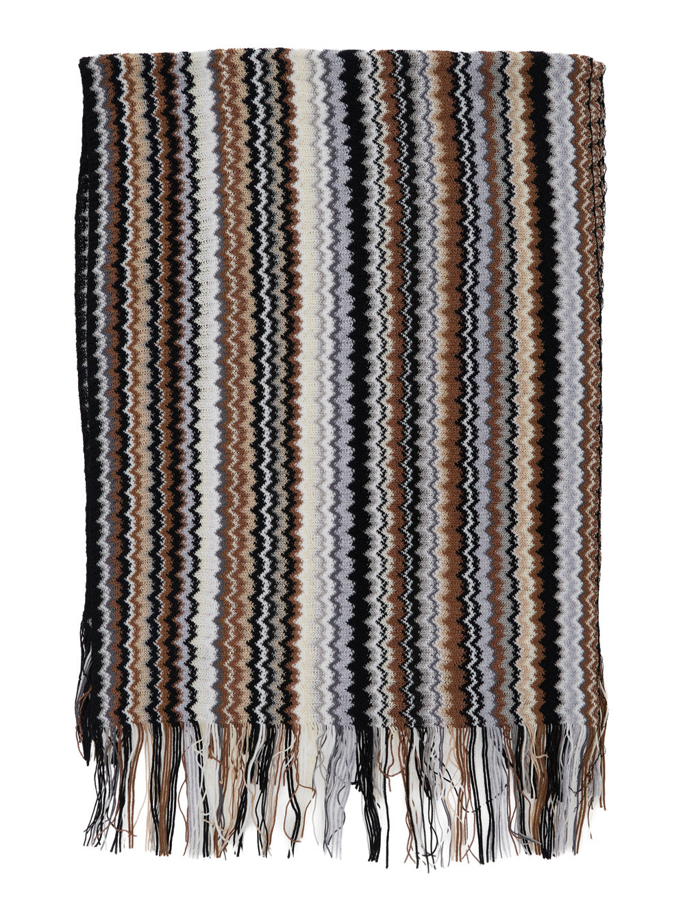 Missoni Women Brown Scarf With All-Over Zigzag Motif And Fringed Hem In Wool Blend For Women MISSONI