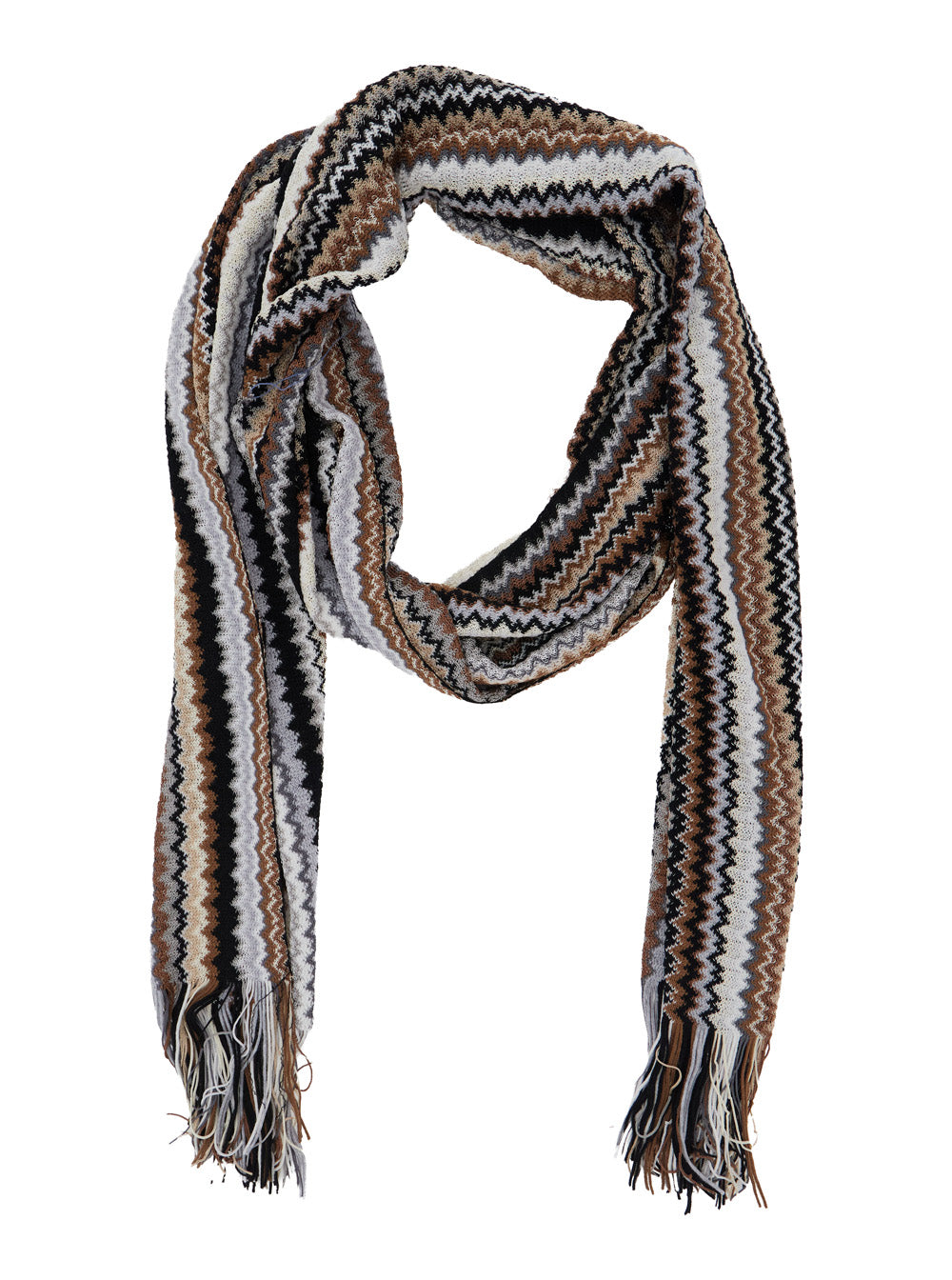 Missoni Women Brown Scarf With All-Over Zigzag Motif And Fringed Hem In Wool Blend For Women MISSONI