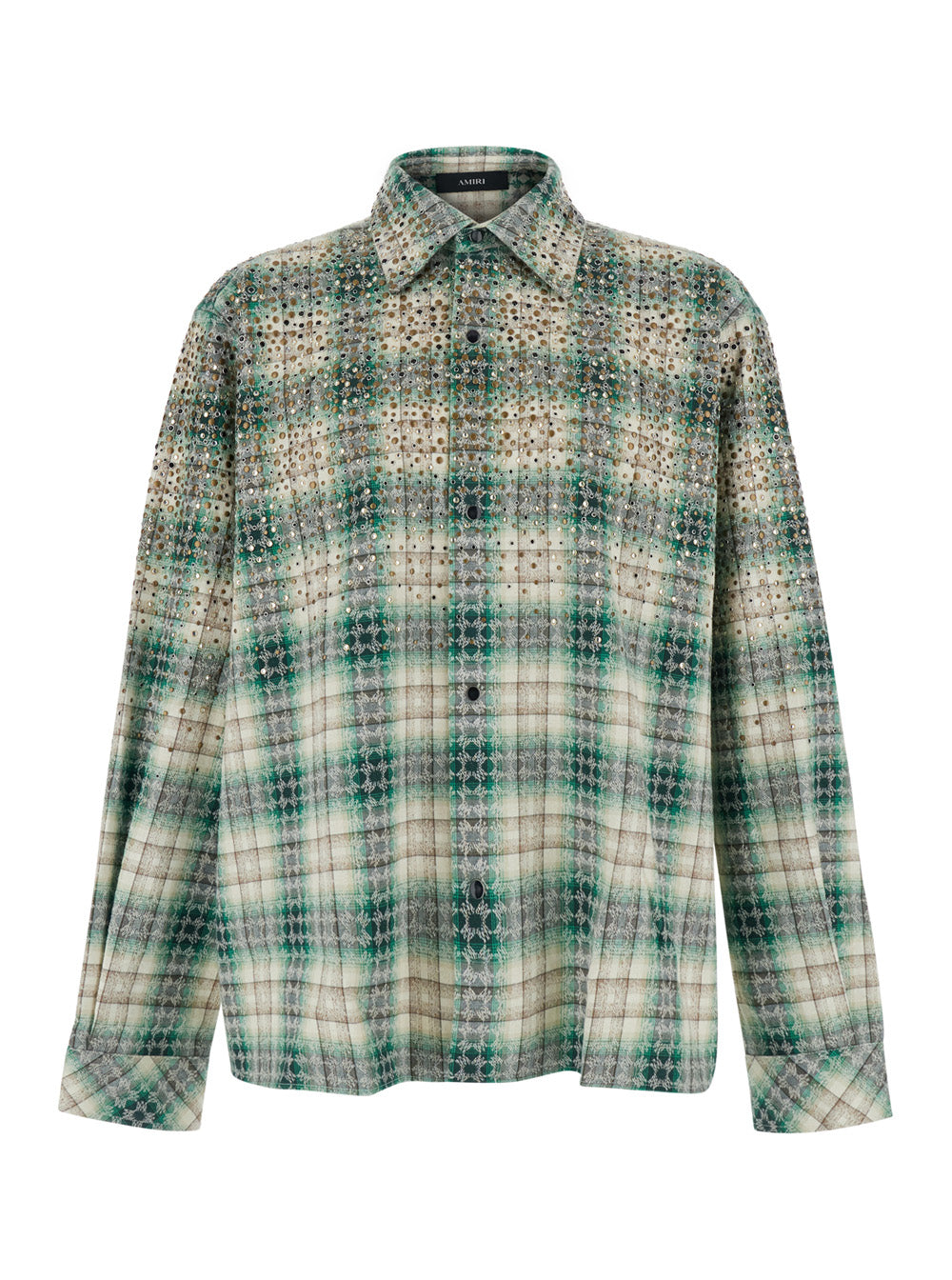 Amiri Men Green Shirt With Crystal Decoration And All-Over Check Motif In Cotton For Men AMIRI