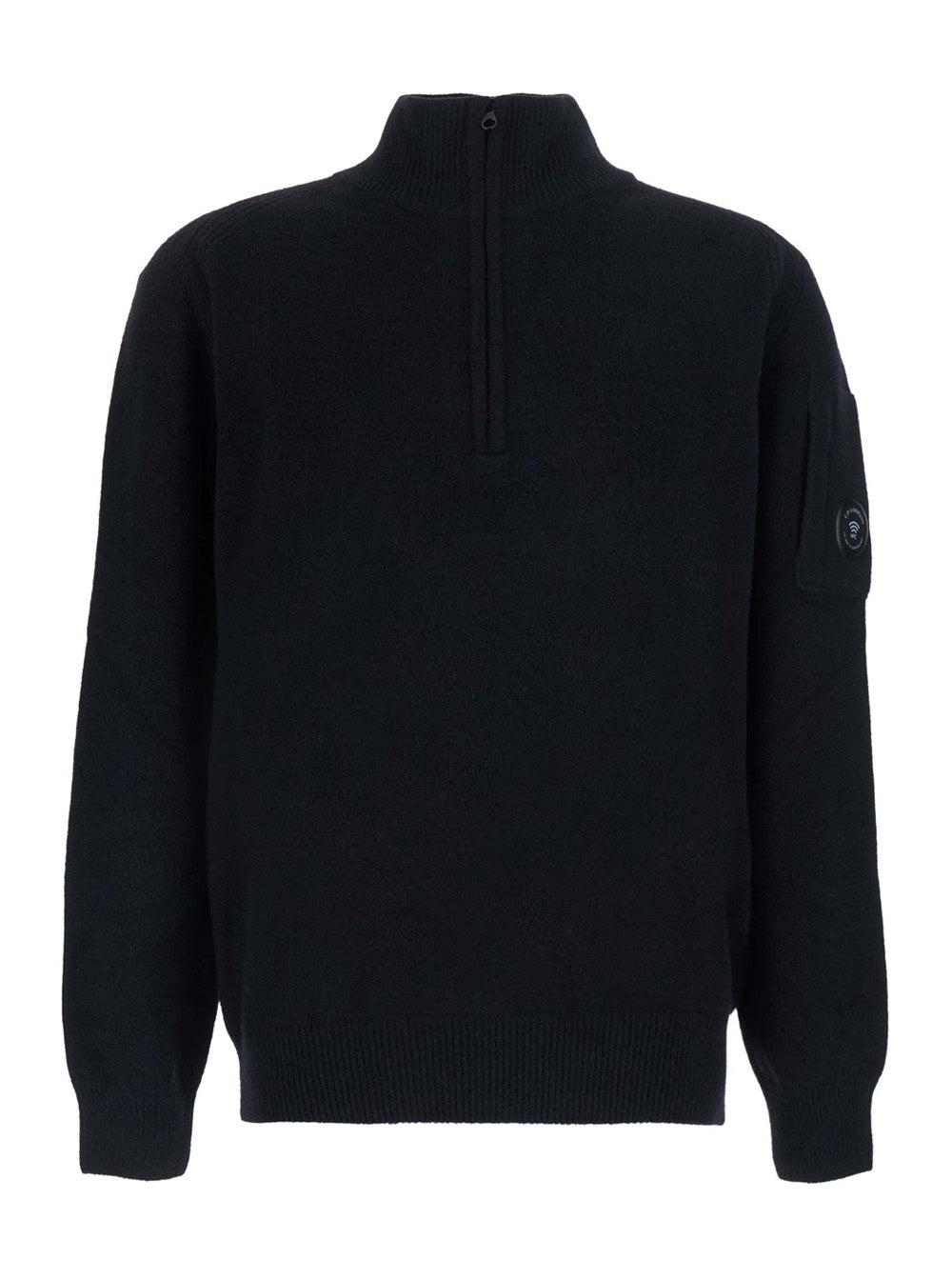 C.P. Company Men Fleece Knit Polo Neck Sweater With Logo, Black, Man C.P. COMPANY