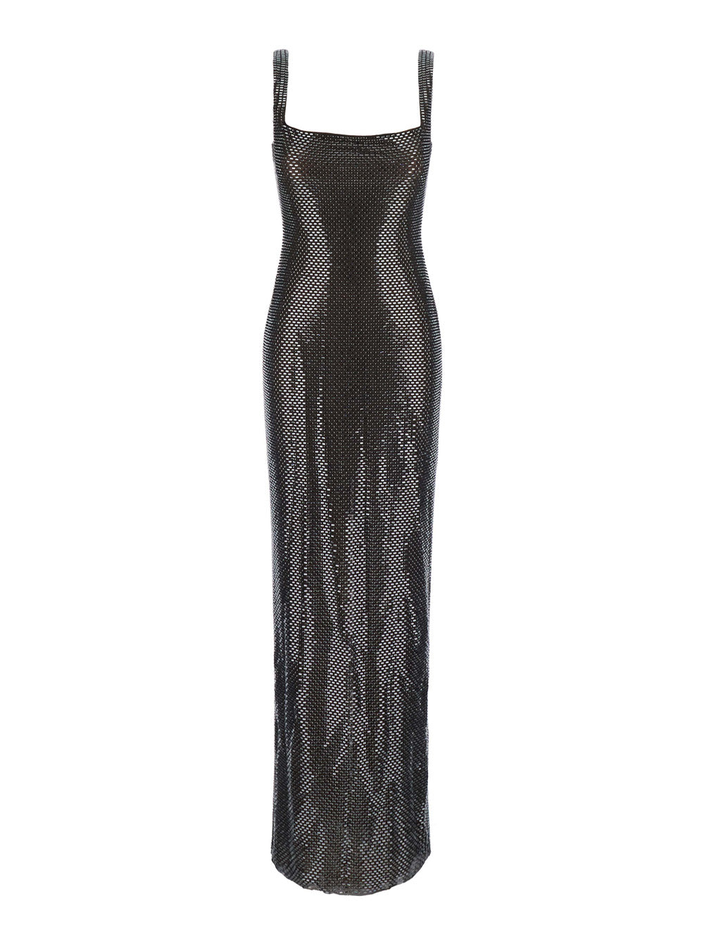 Self-Portrait Women Grey Long Dress With Square Neckline And All-Over Applied Rhinestones In Fabric For Women
