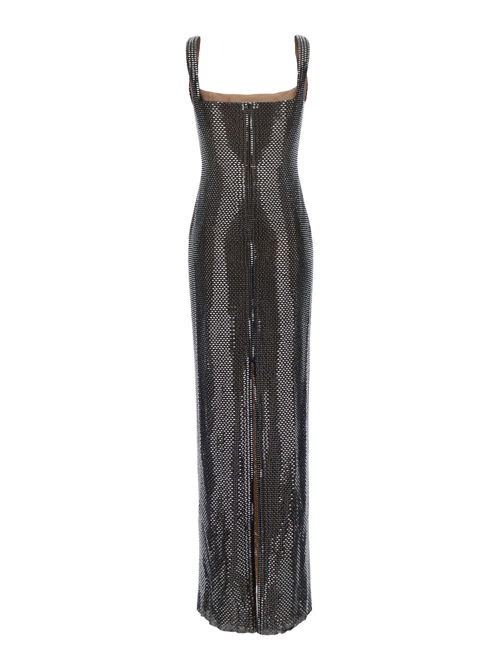 Self-Portrait Women Grey Long Dress With Square Neckline And All-Over Applied Rhinestones In Fabric For Women
