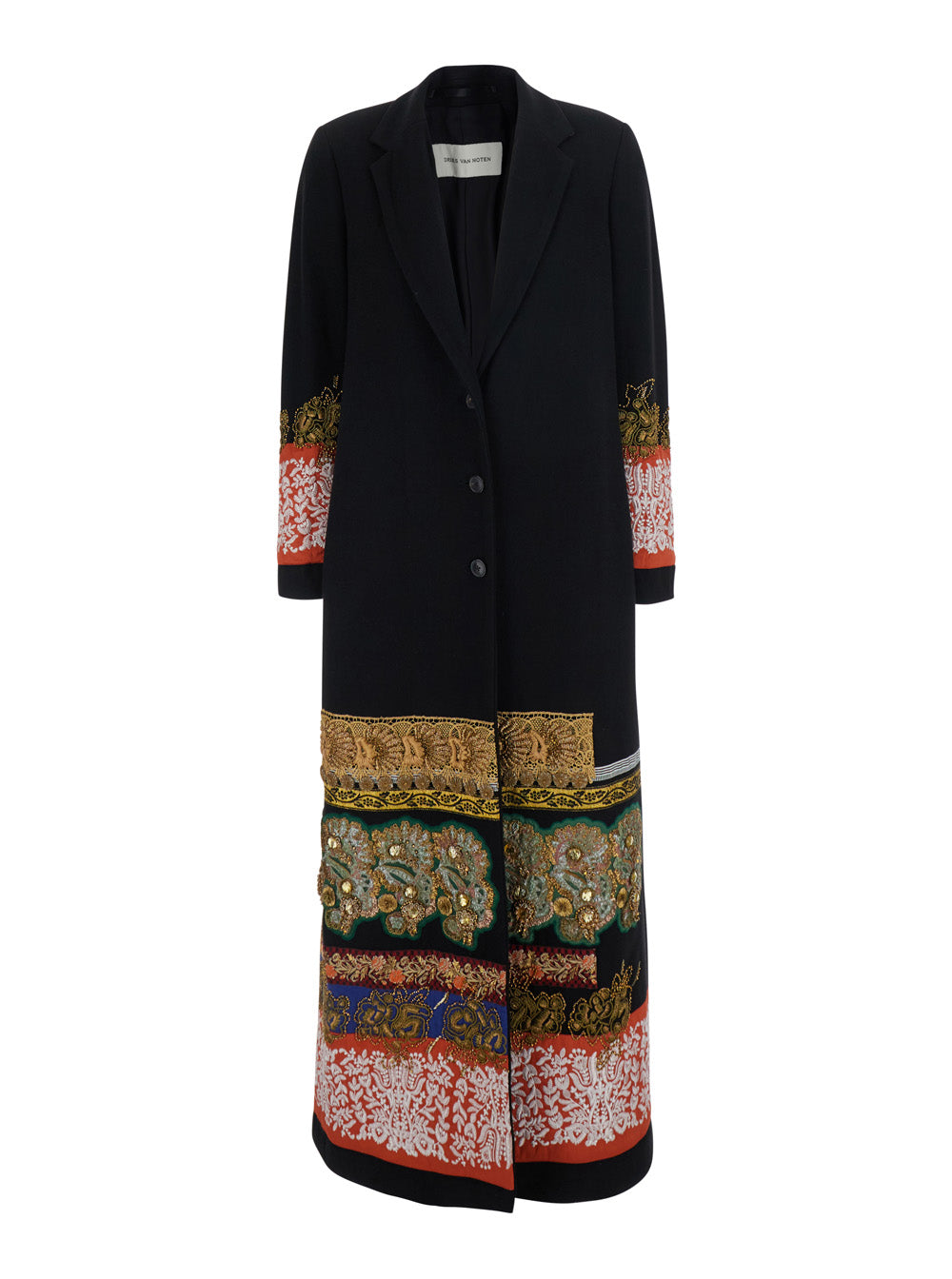 Dries Van Noten Women 'Richy' Black Long Coat With Lapel Collar And All-Over Applied Embroidery In Wool For Women DRIES VAN NOTEN