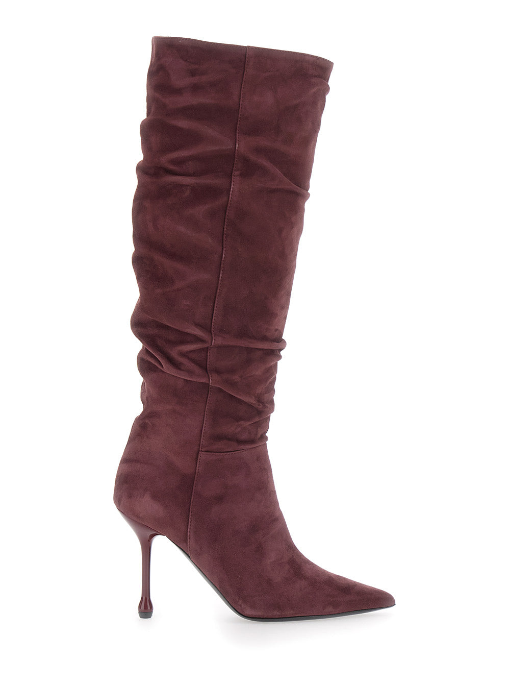Leplain Women Bordeaux Knee-High Boots With Pointed Toe And Ruched Design In Suede For Women LEPLAIN