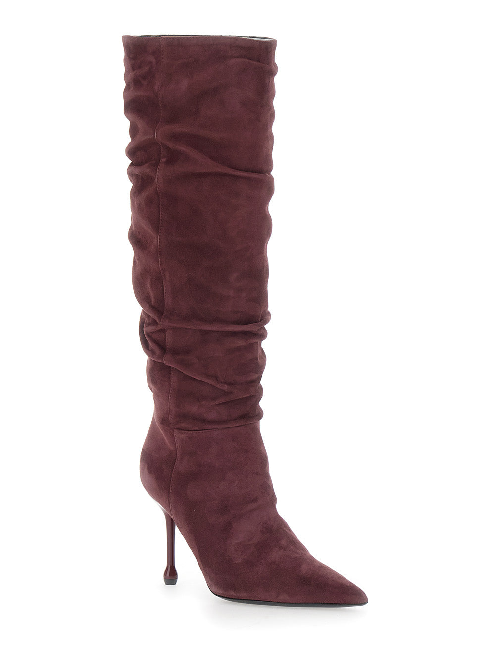 Leplain Women Bordeaux Knee-High Boots With Pointed Toe And Ruched Design In Suede For Women LEPLAIN