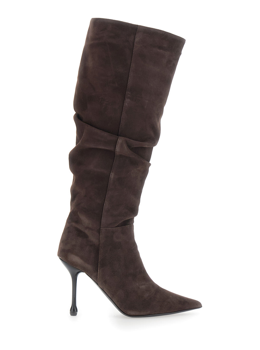 Leplain Women Brown Knee-High Boots With Pointed Toe And Ruched Design In Suede For Women LEPLAIN