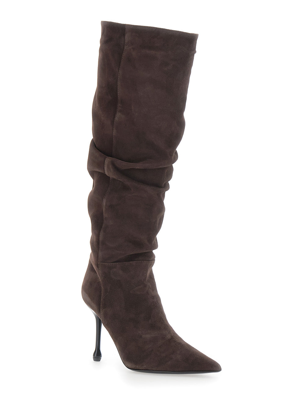 Leplain Women Brown Knee-High Boots With Pointed Toe And Ruched Design In Suede For Women LEPLAIN