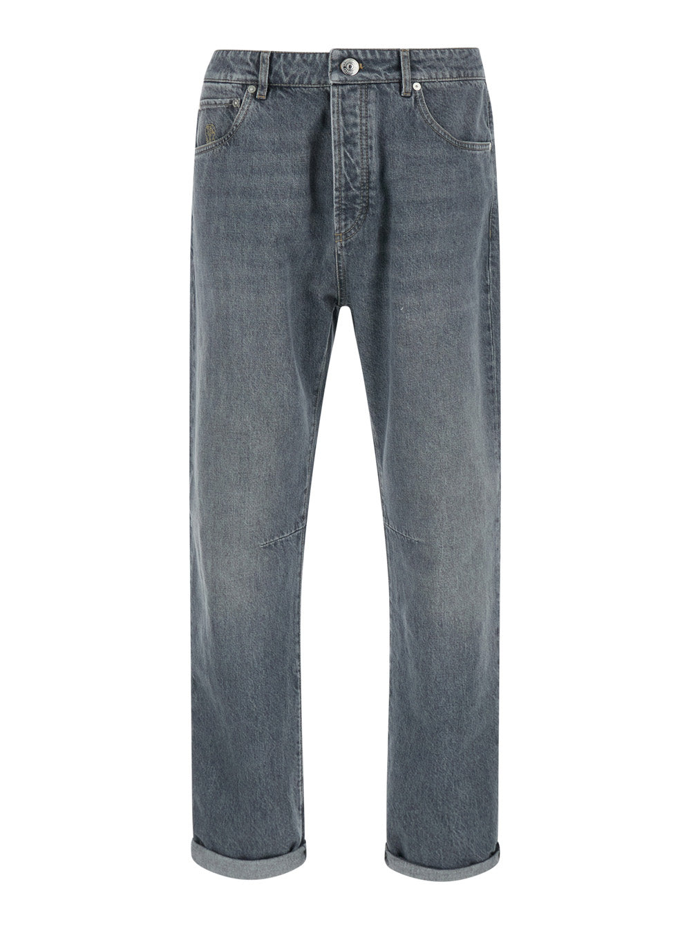 Brunello Cucinelli Men Gray Jeans With Logo Embroidery On The Front And Logo Patch On The Back In Denim For Men
