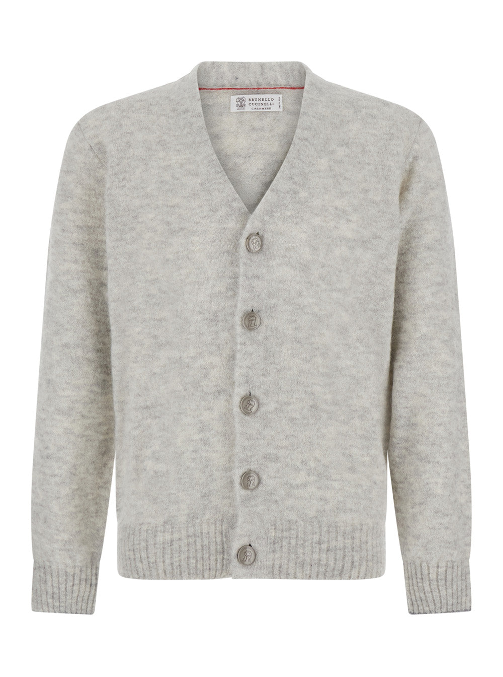 Brunello Cucinelli Men Grey V-Neck Cardigan With Logo-Engraved Buttons In Alpaca And Cashmere Blend For Men BRUNELLO CUCINELLI