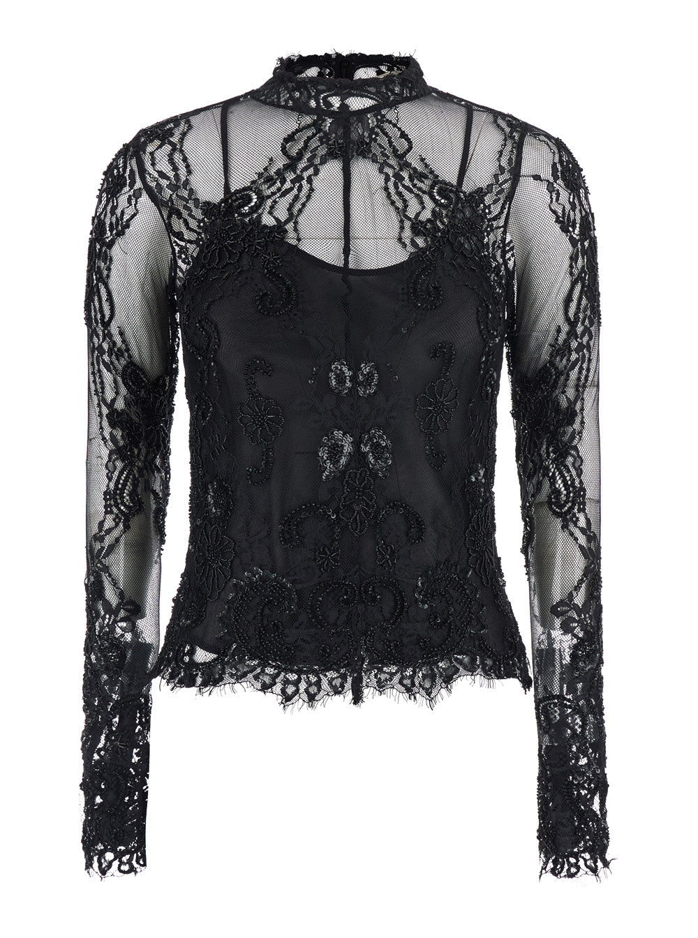 Blumarine Women Black High-Neck Top With Semi-Sheer Design And Rhinestones In Tech Fabric For Women BLUMARINE