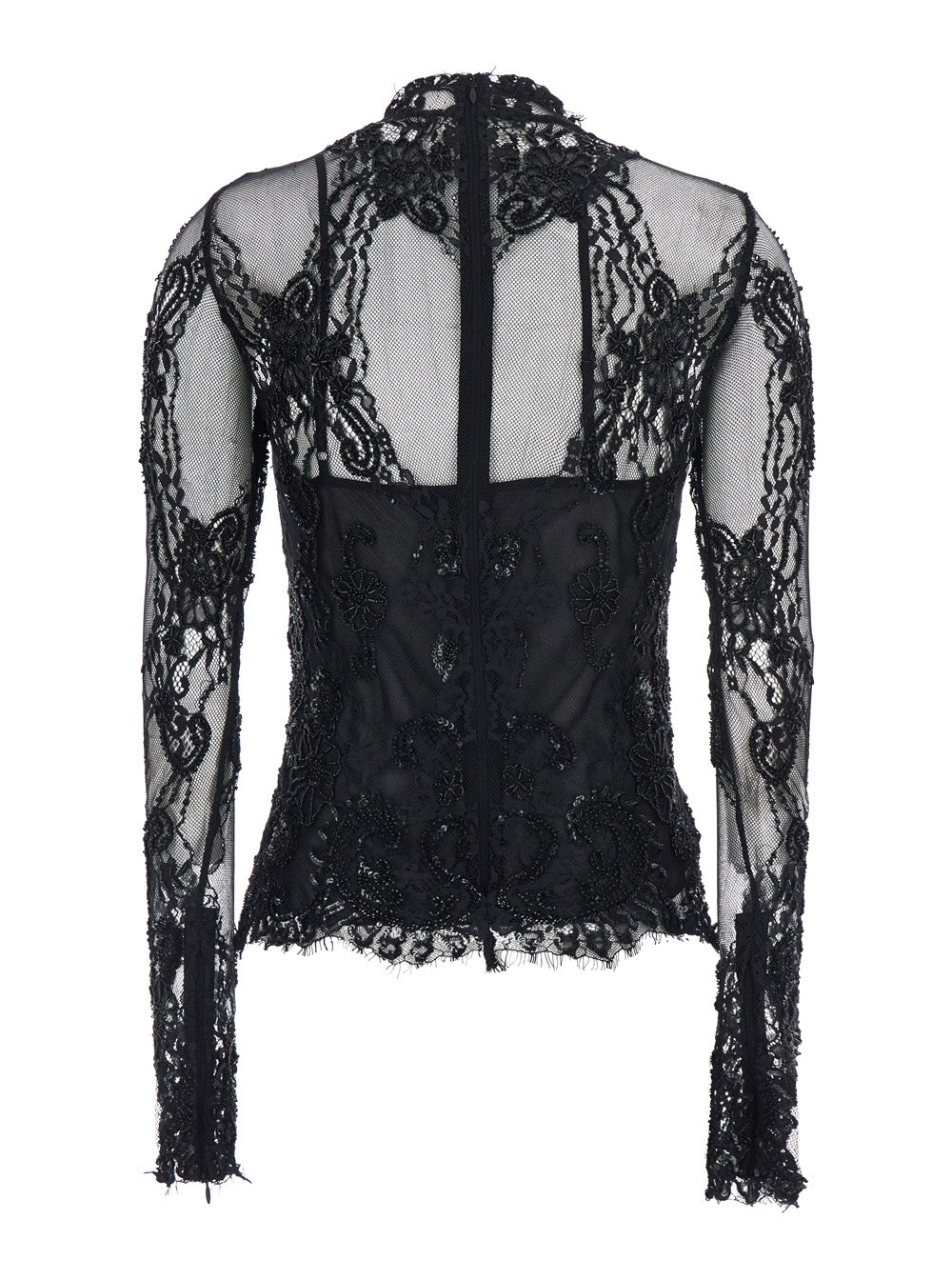 Blumarine Women Black High-Neck Top With Semi-Sheer Design And Rhinestones In Tech Fabric For Women BLUMARINE