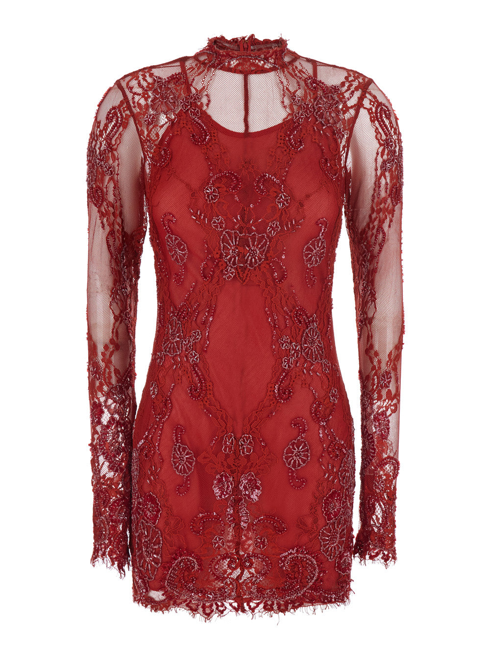 Blumarine Women Red Dress With Stand-Up Collar And Semi-Sheer Design With Rhinestones In Tech Fabric For Women BLUMARINE
