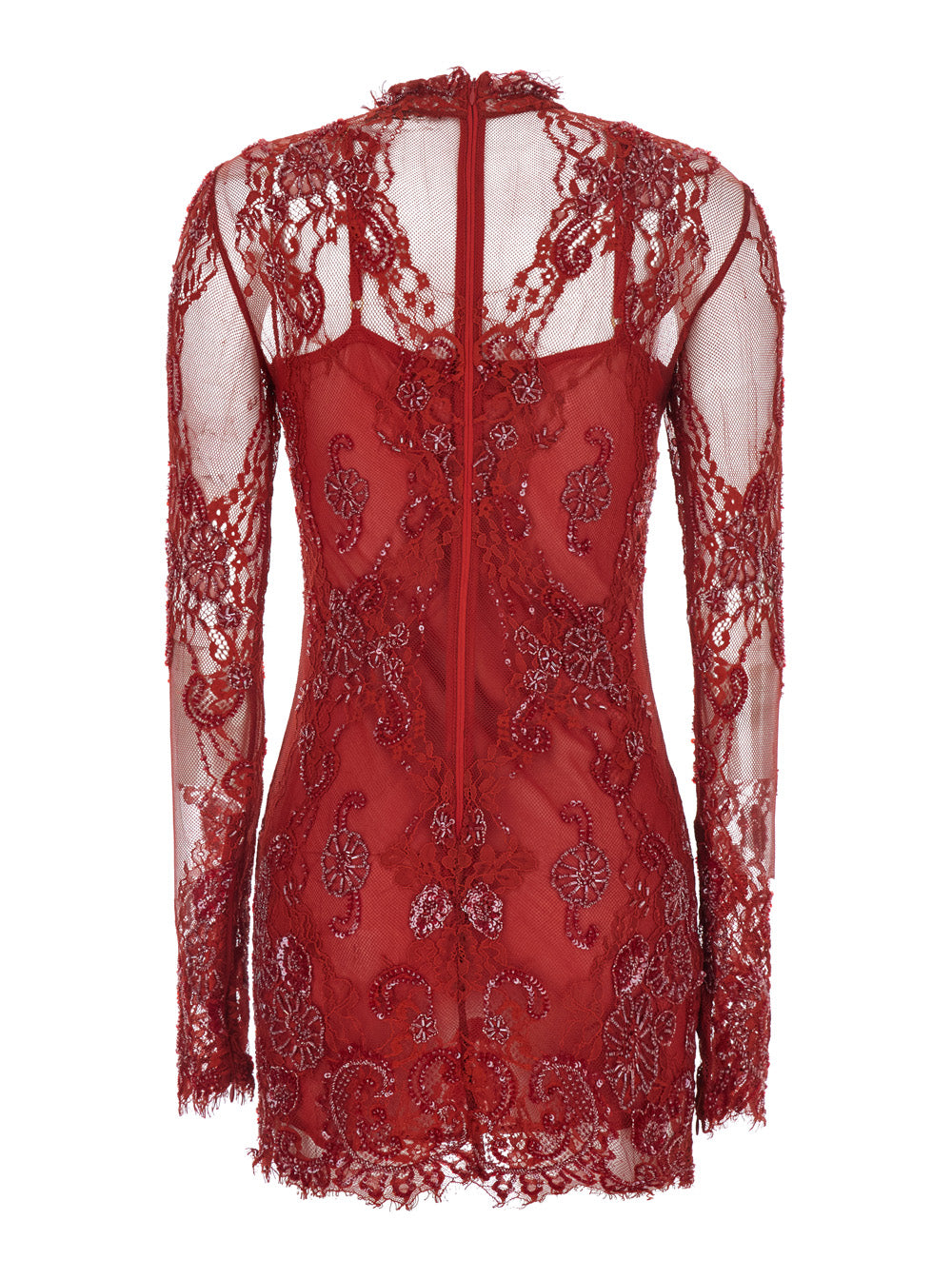 Blumarine Women Red Dress With Stand-Up Collar And Semi-Sheer Design With Rhinestones In Tech Fabric For Women BLUMARINE