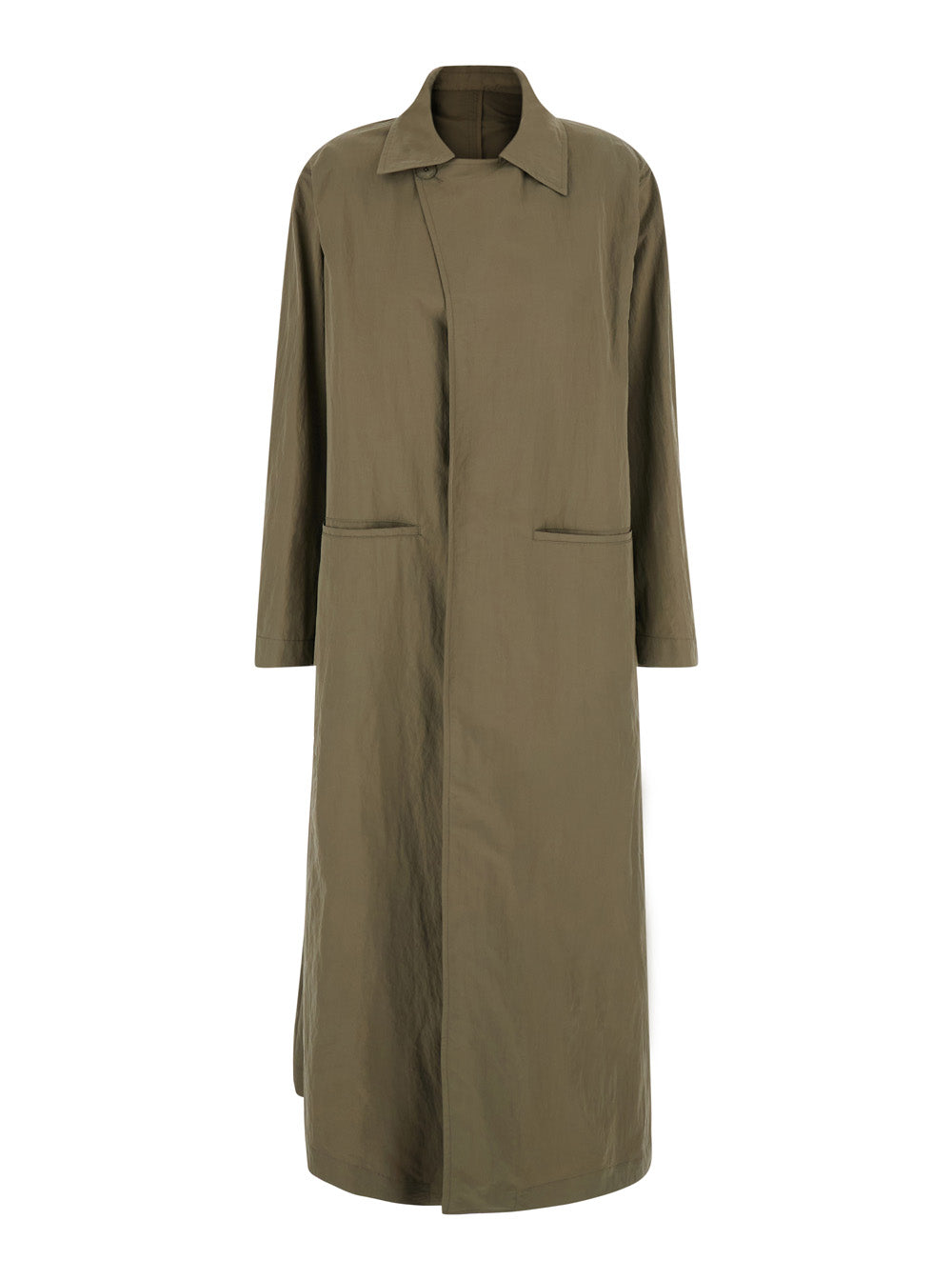 Gucci Women Beige Long Trench Coat With Classic Collar And Two Welt Pockets On The Front In Tech Fabric For Women GUCCI
