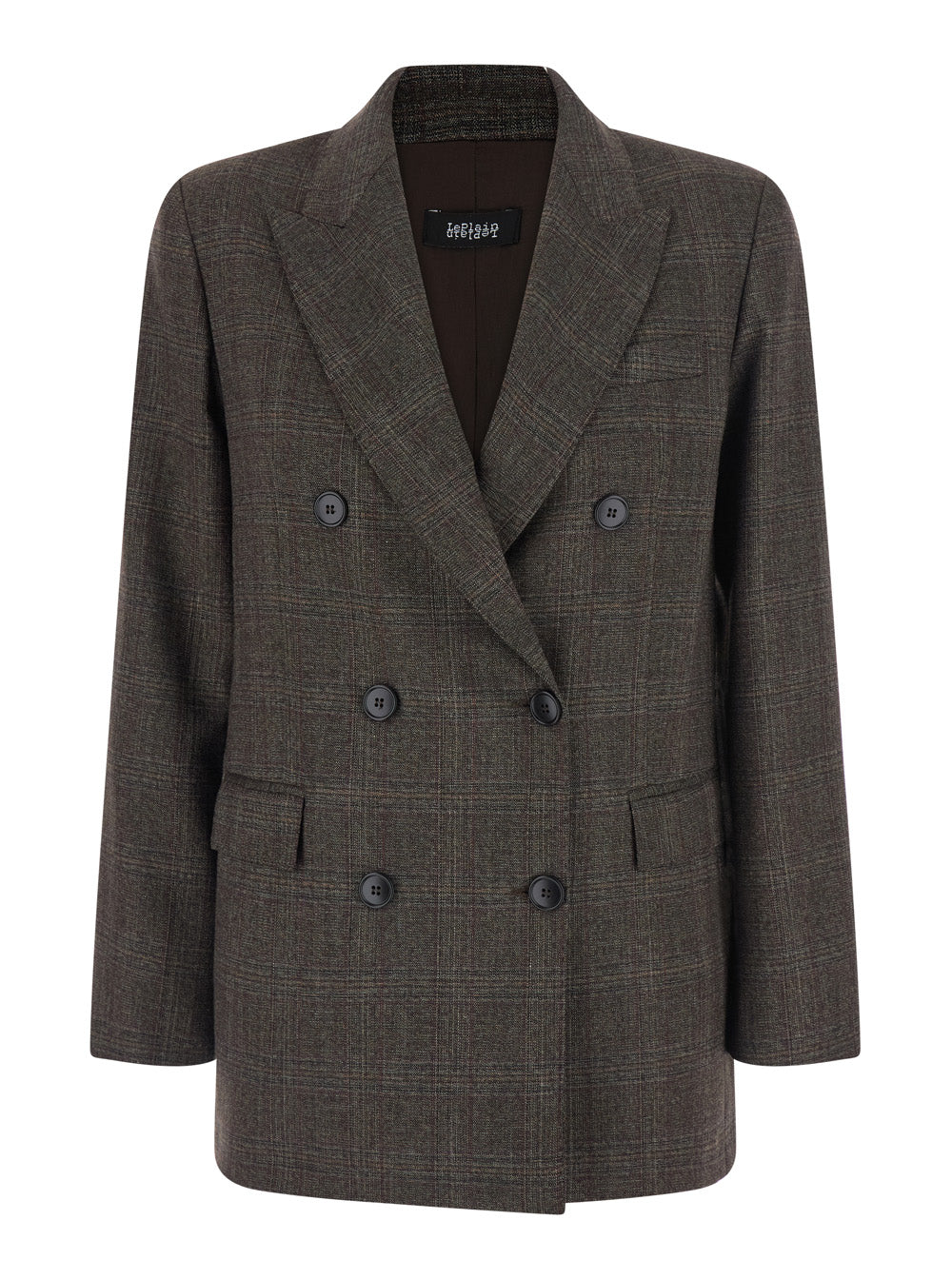 Leplain Women Brown Double-Breasted Blazer With Check Motif And Peak Revers In Fabric For Women LEPLAIN