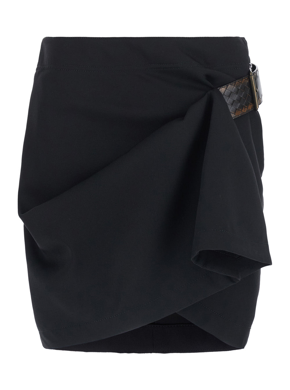 Bottega Veneta Women Black Miniskirt With Leather Belt With Intrecciato Motif And Front Ruffles In Wool For Women BOTTEGA VENETA