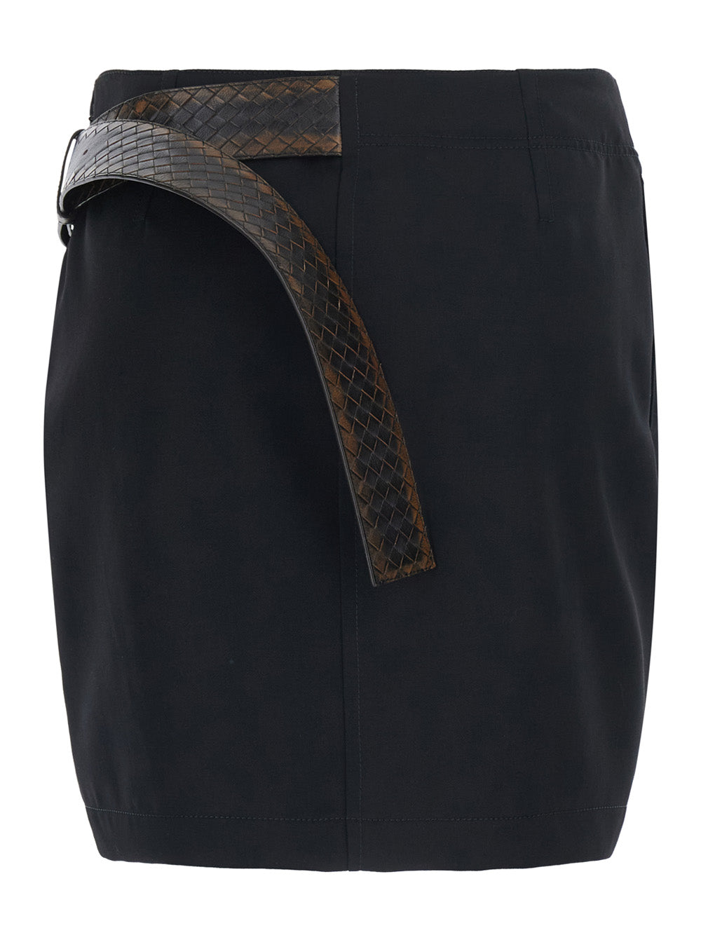 Bottega Veneta Women Black Miniskirt With Leather Belt With Intrecciato Motif And Front Ruffles In Wool For Women BOTTEGA VENETA