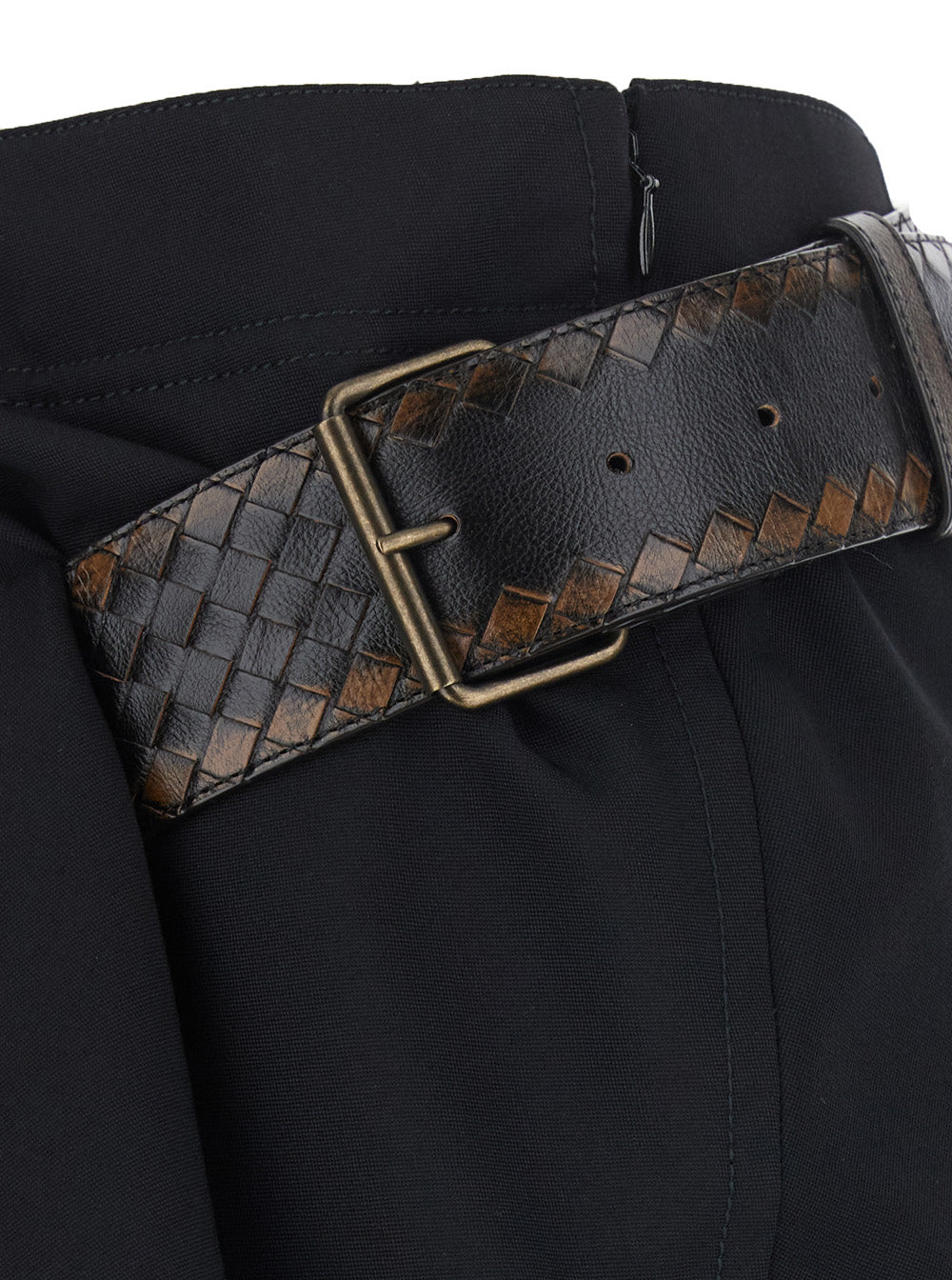 Bottega Veneta Women Black Miniskirt With Leather Belt With Intrecciato Motif And Front Ruffles In Wool For Women BOTTEGA VENETA