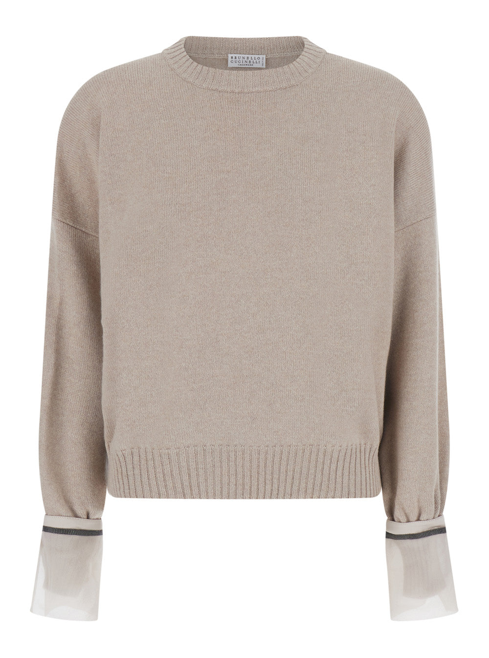 Brunello Cucinelli Women Beige Crewneck Sweater With Monile Detail On The Cuffs In Cashmere For Women BRUNELLO CUCINELLI