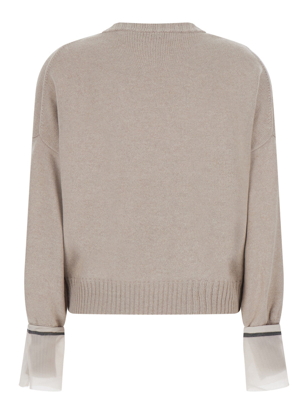 Brunello Cucinelli Women Beige Crewneck Sweater With Monile Detail On The Cuffs In Cashmere For Women BRUNELLO CUCINELLI