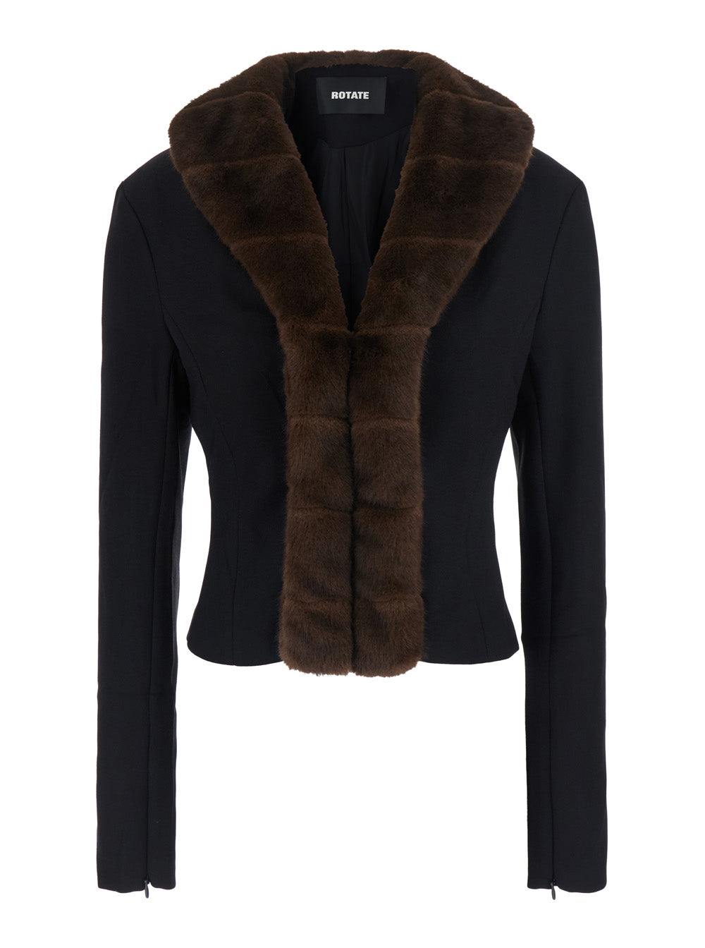 Rotate Women 'Lawrence' Black Crop Cardigan With Eco-Fur Insert And Zip Cuffs In Tech Fabric For Women ROTATE