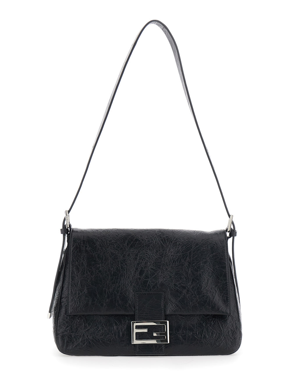 Fendi Women 'Flap 26235' Black Shoulder Bag With Adjustable Shoulder Strap And Front Closure With Ff Plate In Leather For Women FENDI
