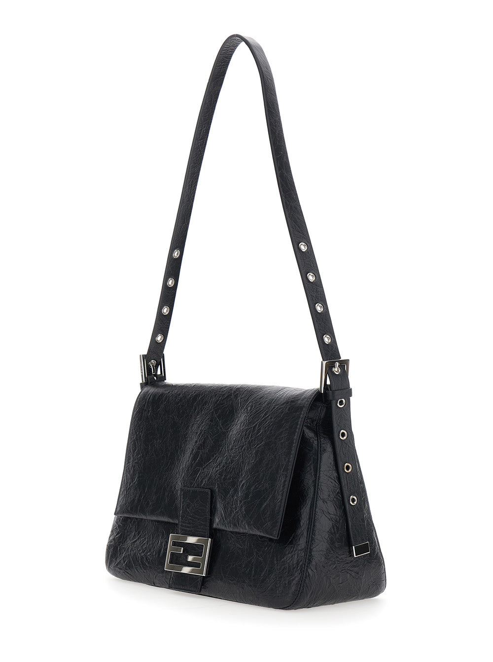 Fendi Women 'Flap 26235' Black Shoulder Bag With Adjustable Shoulder Strap And Front Closure With Ff Plate In Leather For Women FENDI