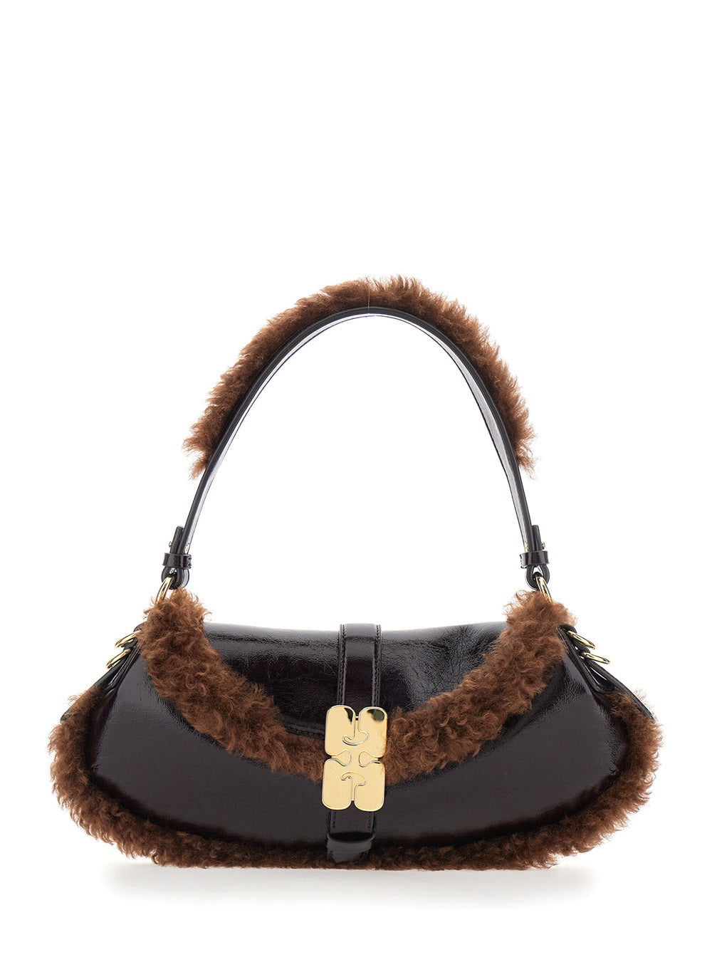 Ganni Women Shoulder Bag With Fur Piping In Brown GANNI