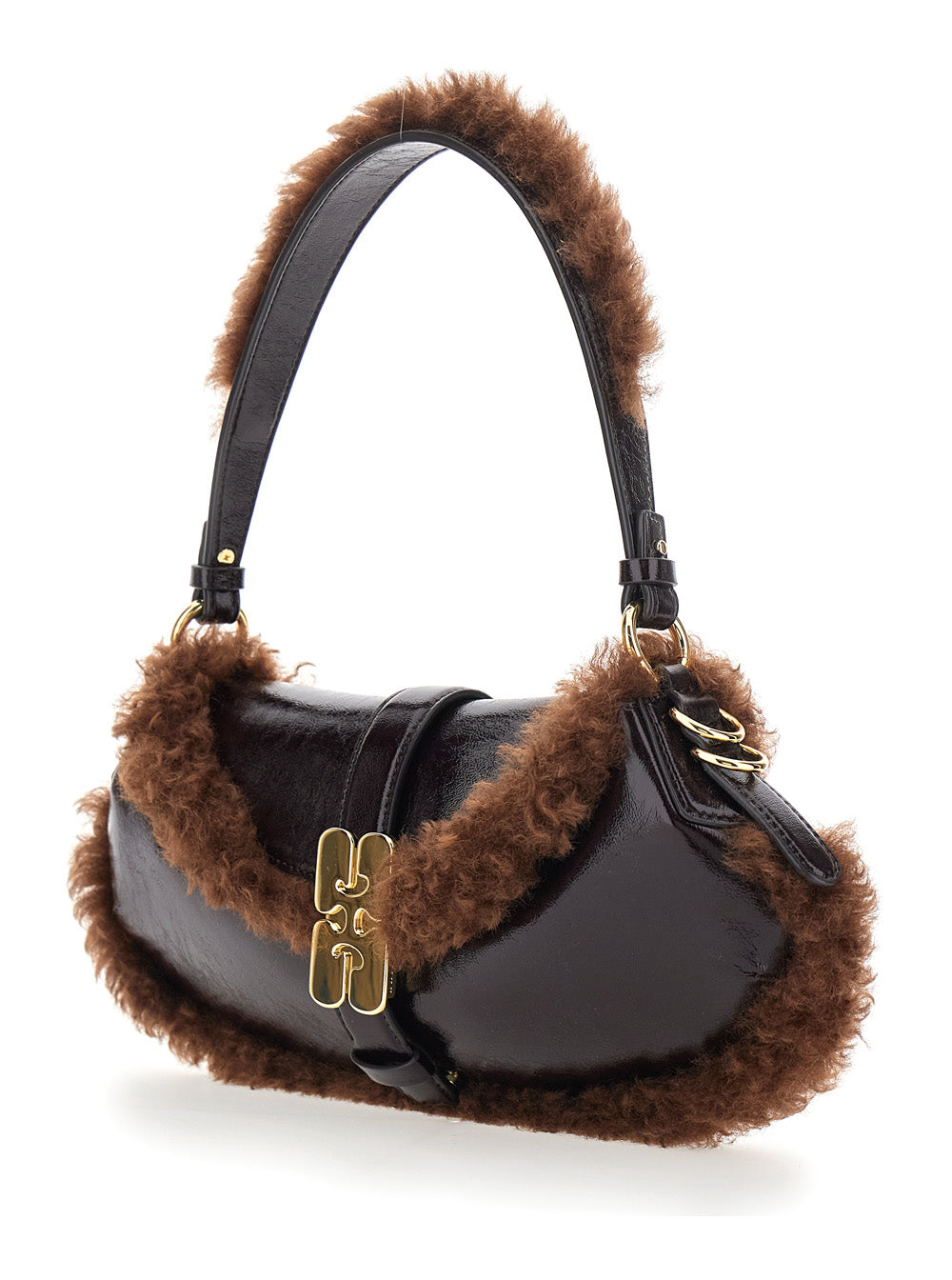 Ganni Women Shoulder Bag With Fur Piping In Brown GANNI