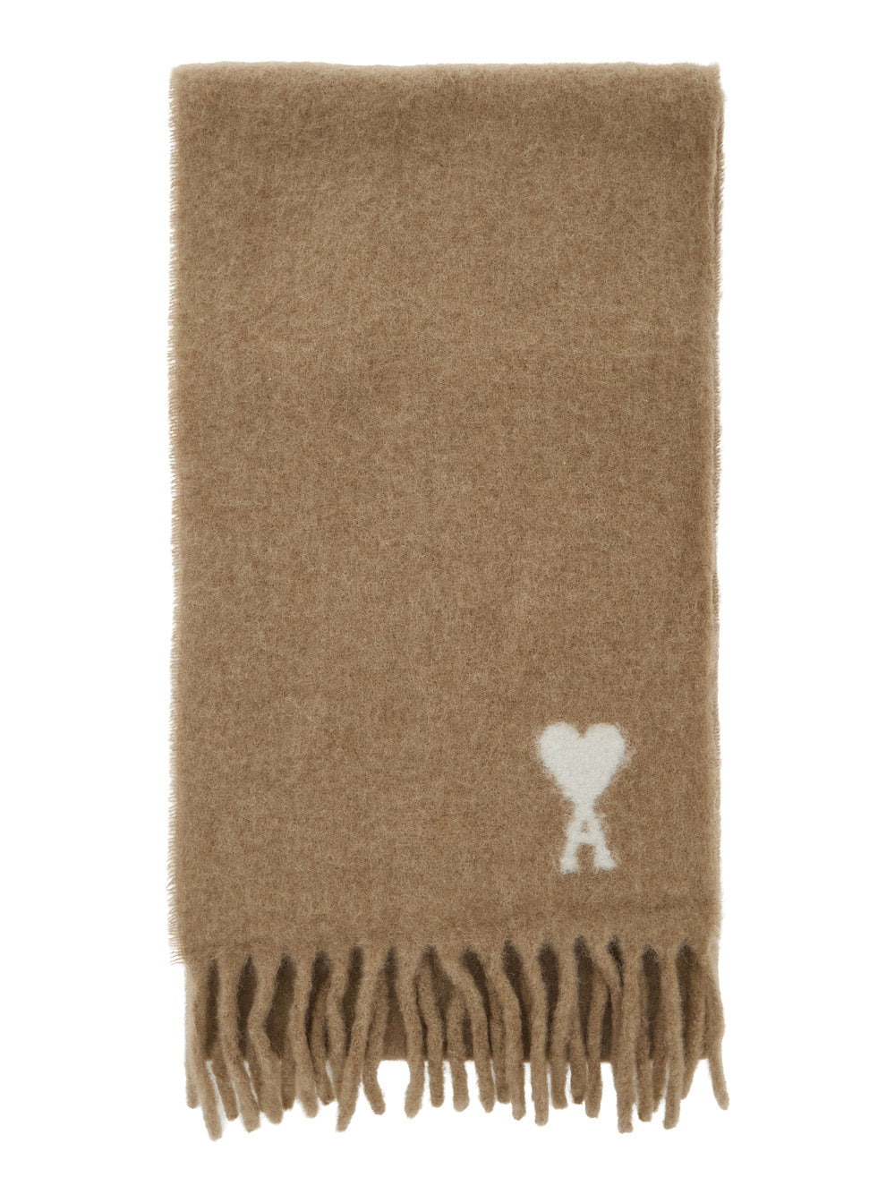 Ami Paris Men Alpaca And Wool Scarf With Ami De Coeur Jacquard Beige Unisex AMI PARIS