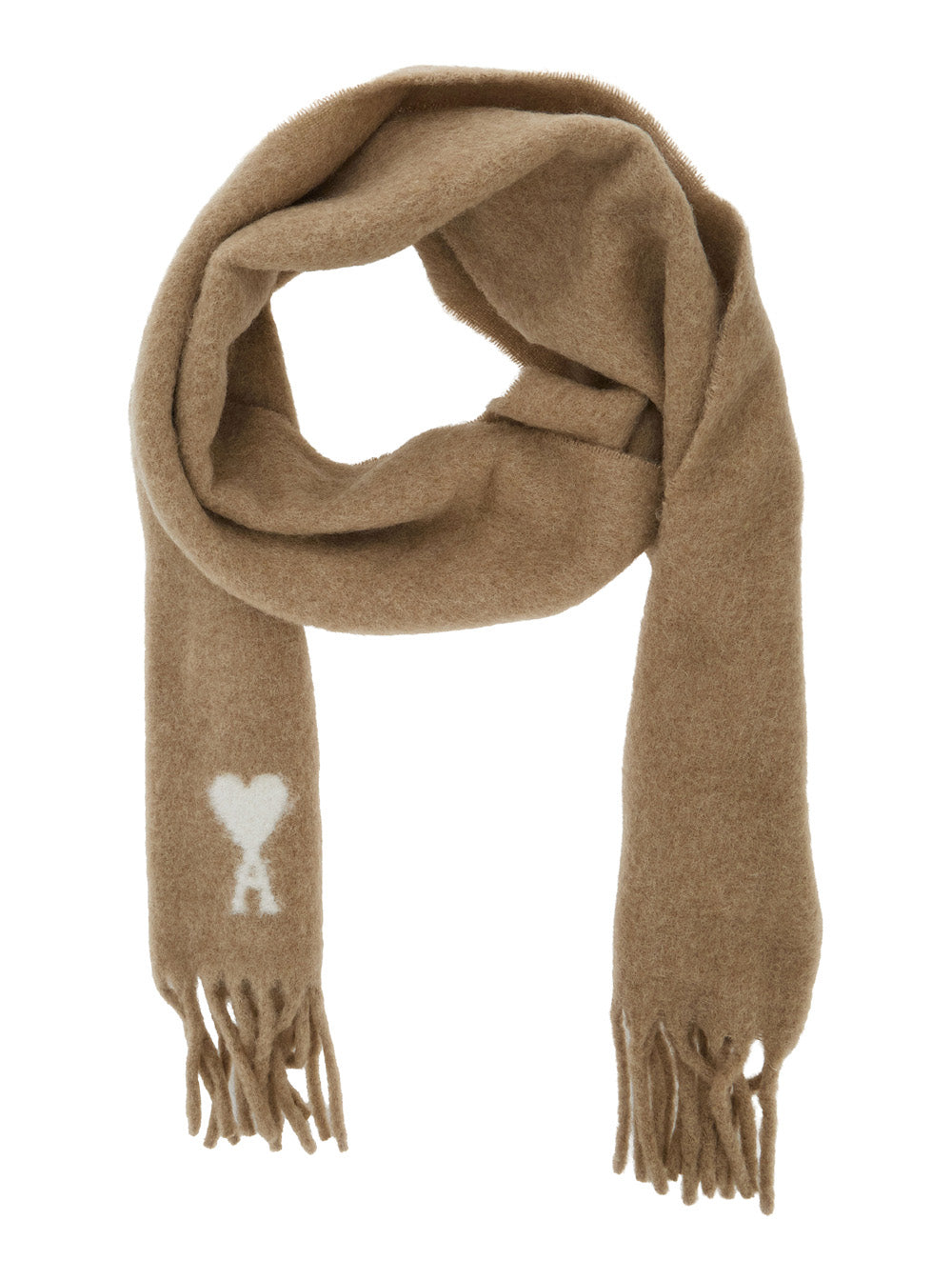 Ami Paris Men Alpaca And Wool Scarf With Ami De Coeur Jacquard Beige Unisex AMI PARIS
