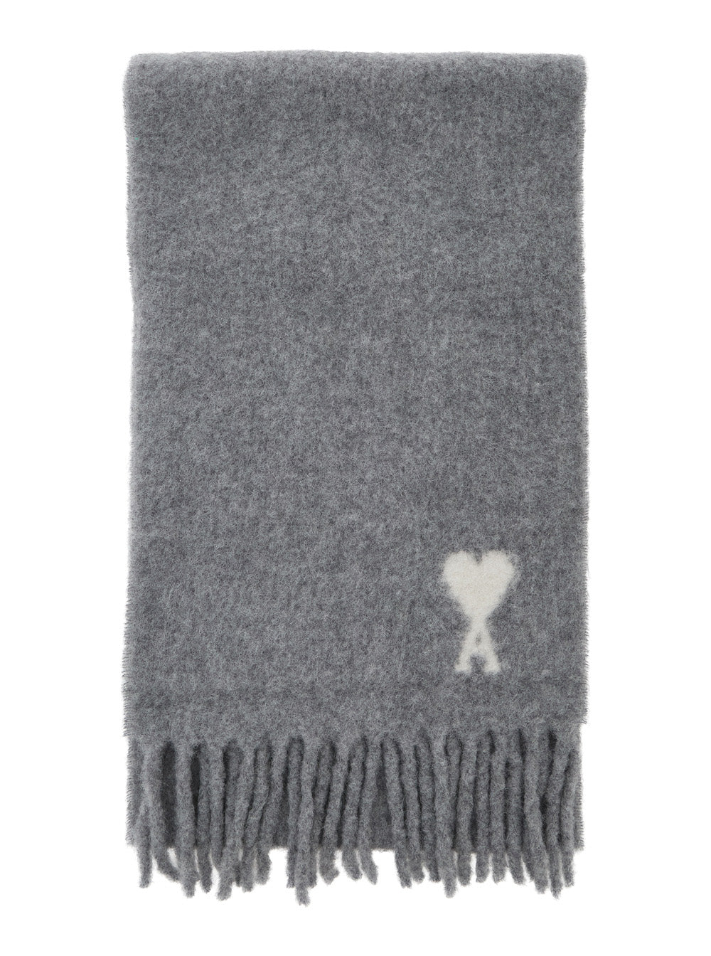 Ami Paris Men Scarf In Alpaca And Wool With Gray Ami De Coeur Jacquard Unisex AMI PARIS