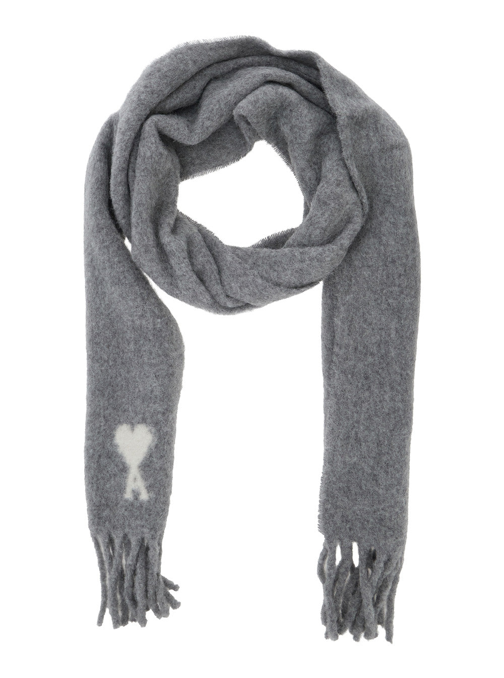 Ami Paris Men Scarf In Alpaca And Wool With Gray Ami De Coeur Jacquard Unisex AMI PARIS