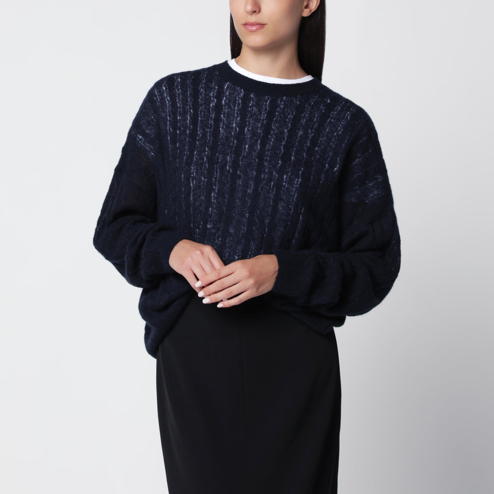 Lisa Yang Navy Cable-Knit Amabel Cashmere-Silk Sweater Women LISA YANG