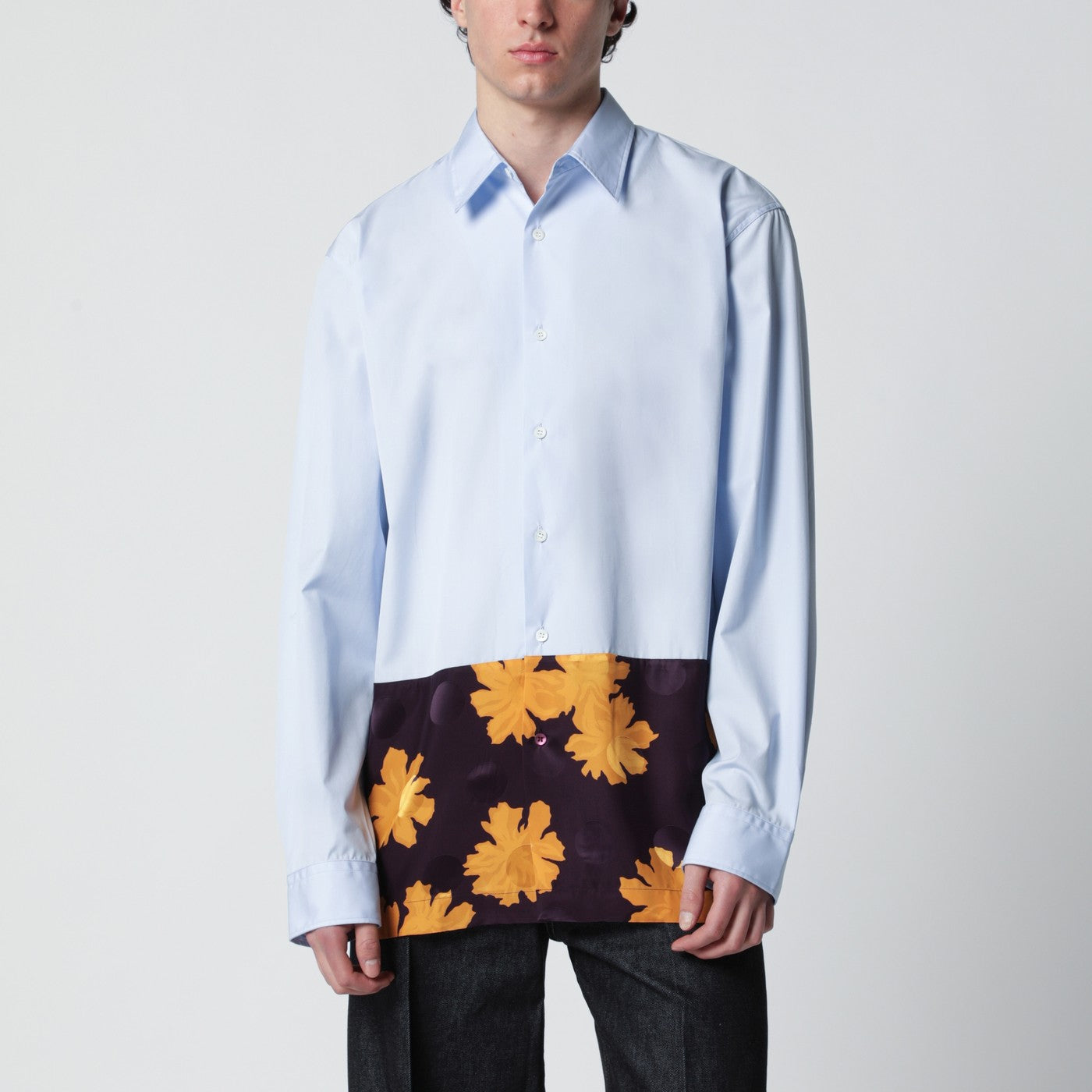 Dries Van Noten Light Blue Shirt With Floral Insert Men DRIES VAN NOTEN