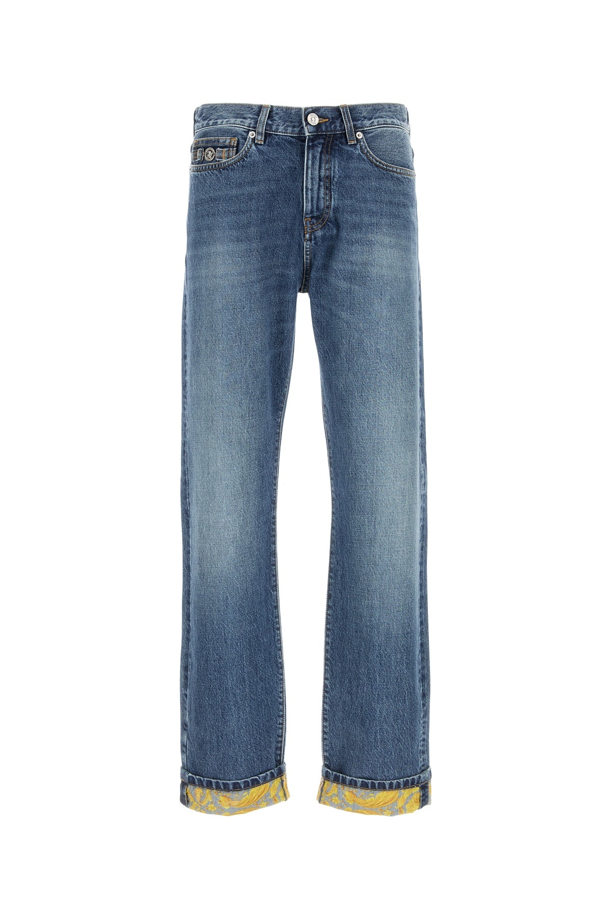 Versace Men Pant Denim Stone Wash Blue Denim Fabric + Barocco