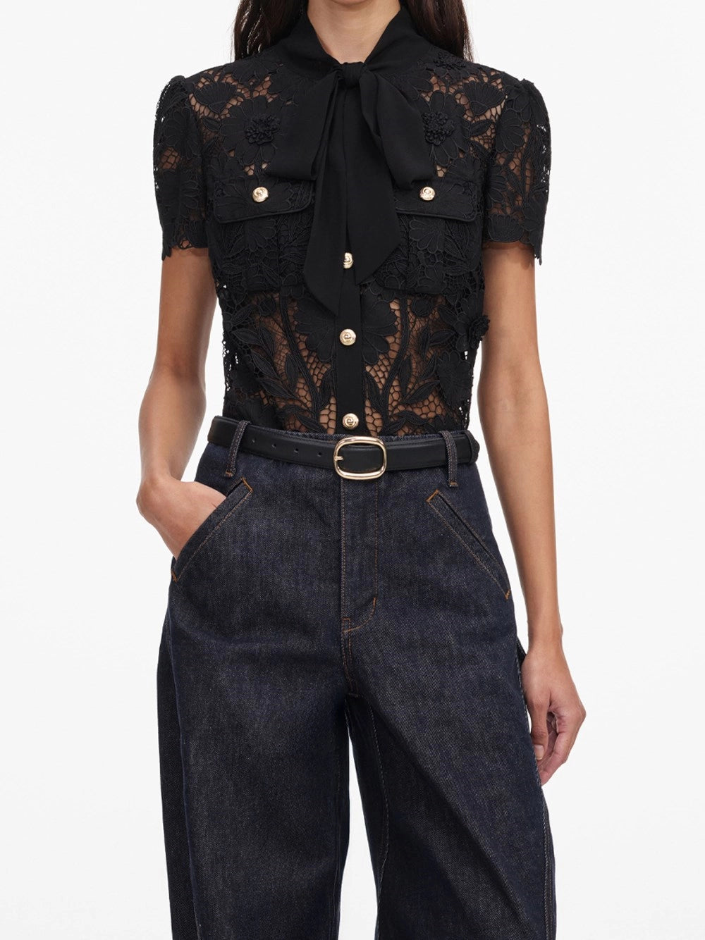 Self-Portrait Women Lace Tie Neck Top SELF-PORTRAIT