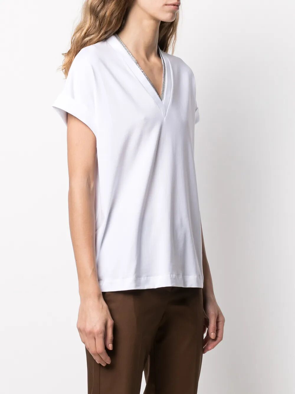 Brunello Cucinelli Women Monili Trim V-Neck Cotton T-Shirt BRUNELLO CUCINELLI