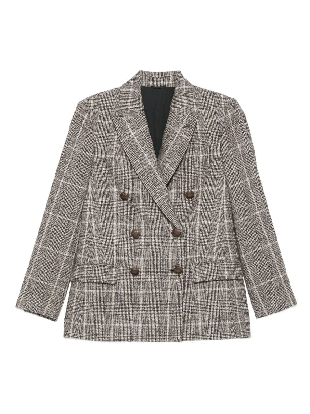 Brunello Cucinelli Women Alpaca And Wool Prince Of Wales Double-Breasted Blazer With Monili BRUNELLO CUCINELLI