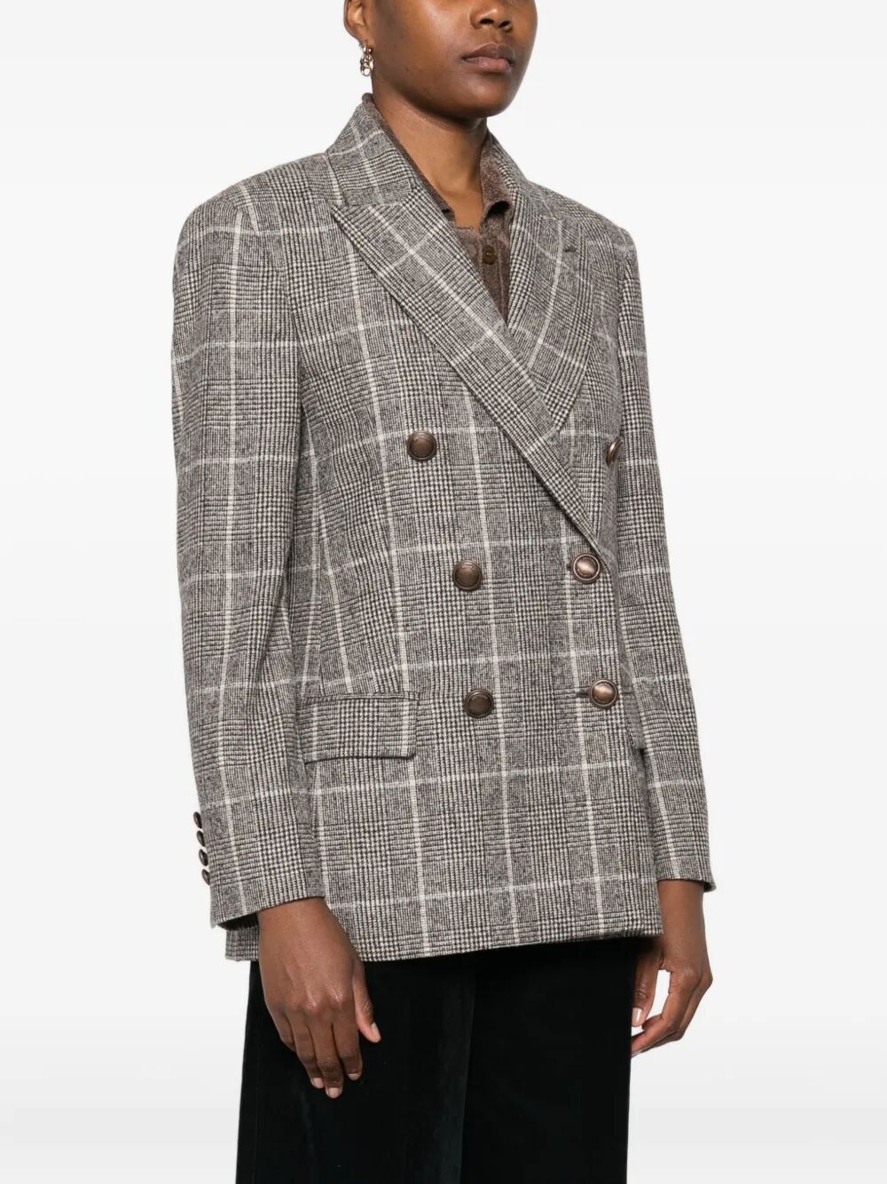 Brunello Cucinelli Women Alpaca And Wool Prince Of Wales Double-Breasted Blazer With Monili BRUNELLO CUCINELLI