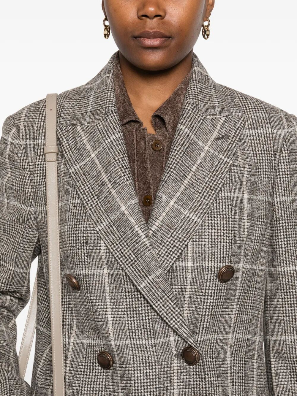 Brunello Cucinelli Women Alpaca And Wool Prince Of Wales Double-Breasted Blazer With Monili BRUNELLO CUCINELLI