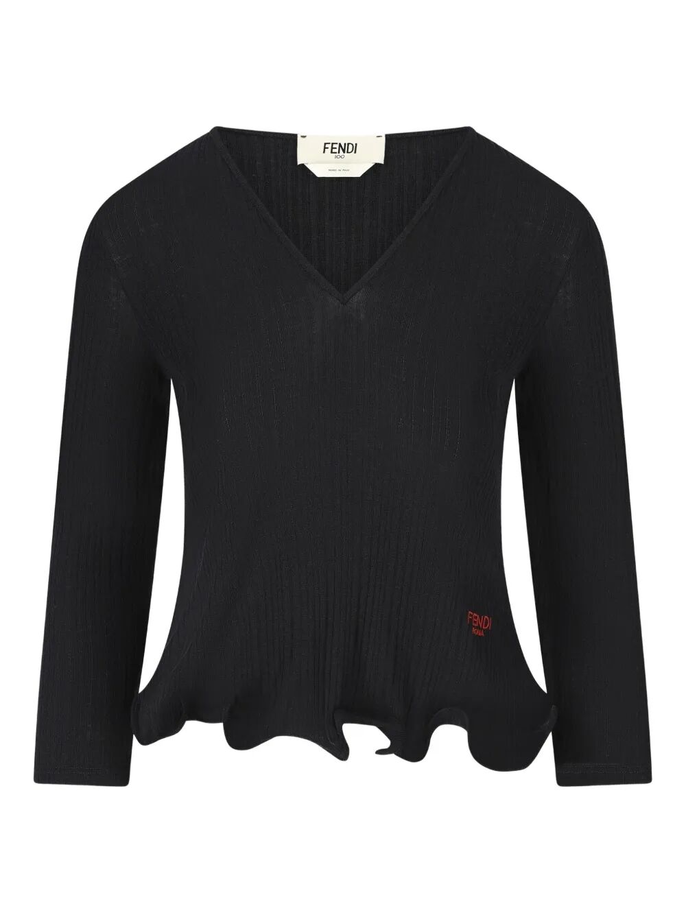Fendi Women V-Neck Ribbed Top With Ruffles FENDI