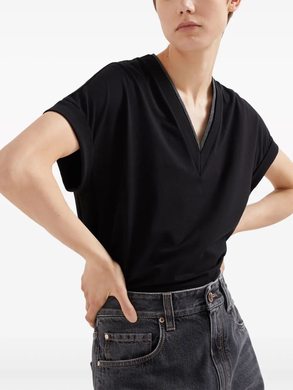 Brunello Cucinelli Women Monili Trim V-Neck Cotton T-Shirt BRUNELLO CUCINELLI