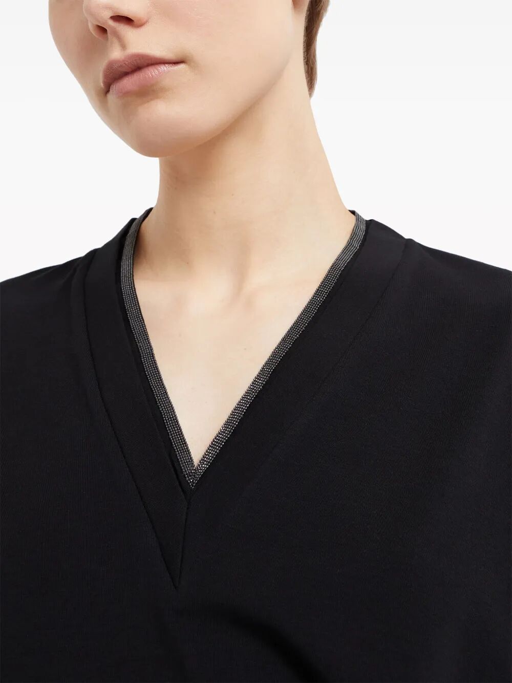 Brunello Cucinelli Women Monili Trim V-Neck Cotton T-Shirt BRUNELLO CUCINELLI
