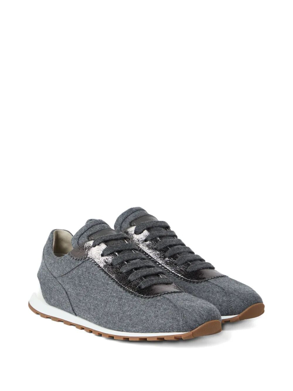 Brunello Cucinelli Women Virgin Wool Flannel And Lamé Calfskin Runners With Monili BRUNELLO CUCINELLI