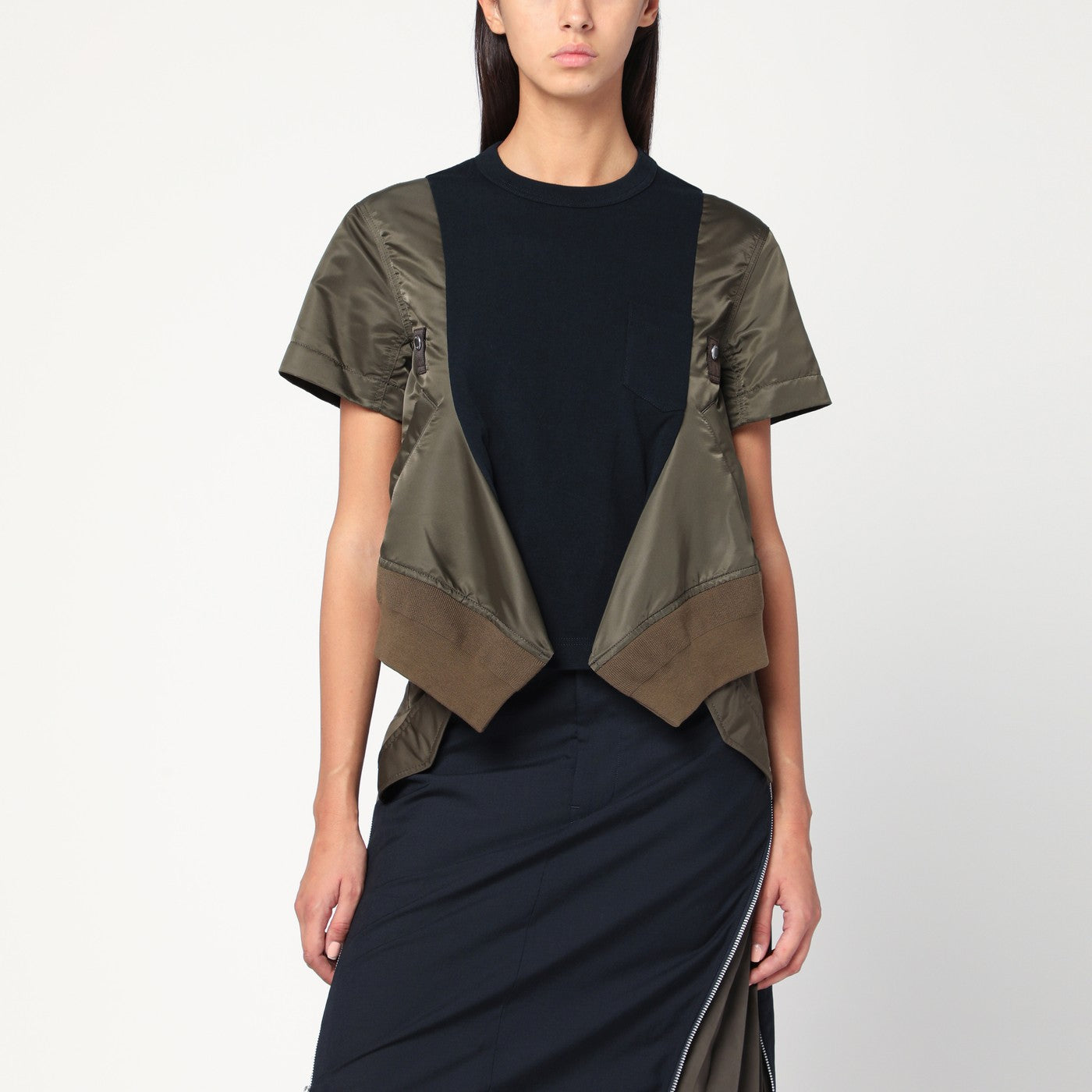 Sacai Navy/Kaki Cotton And Nylon T-Shirt Women SACAI