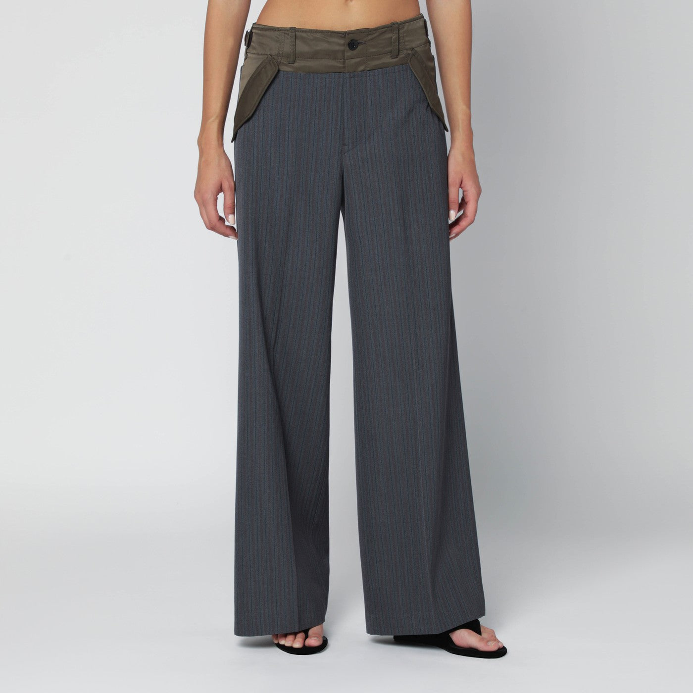 Sacai Grey/Khaki Pinstripe Bi-Material Trousers Women SACAI